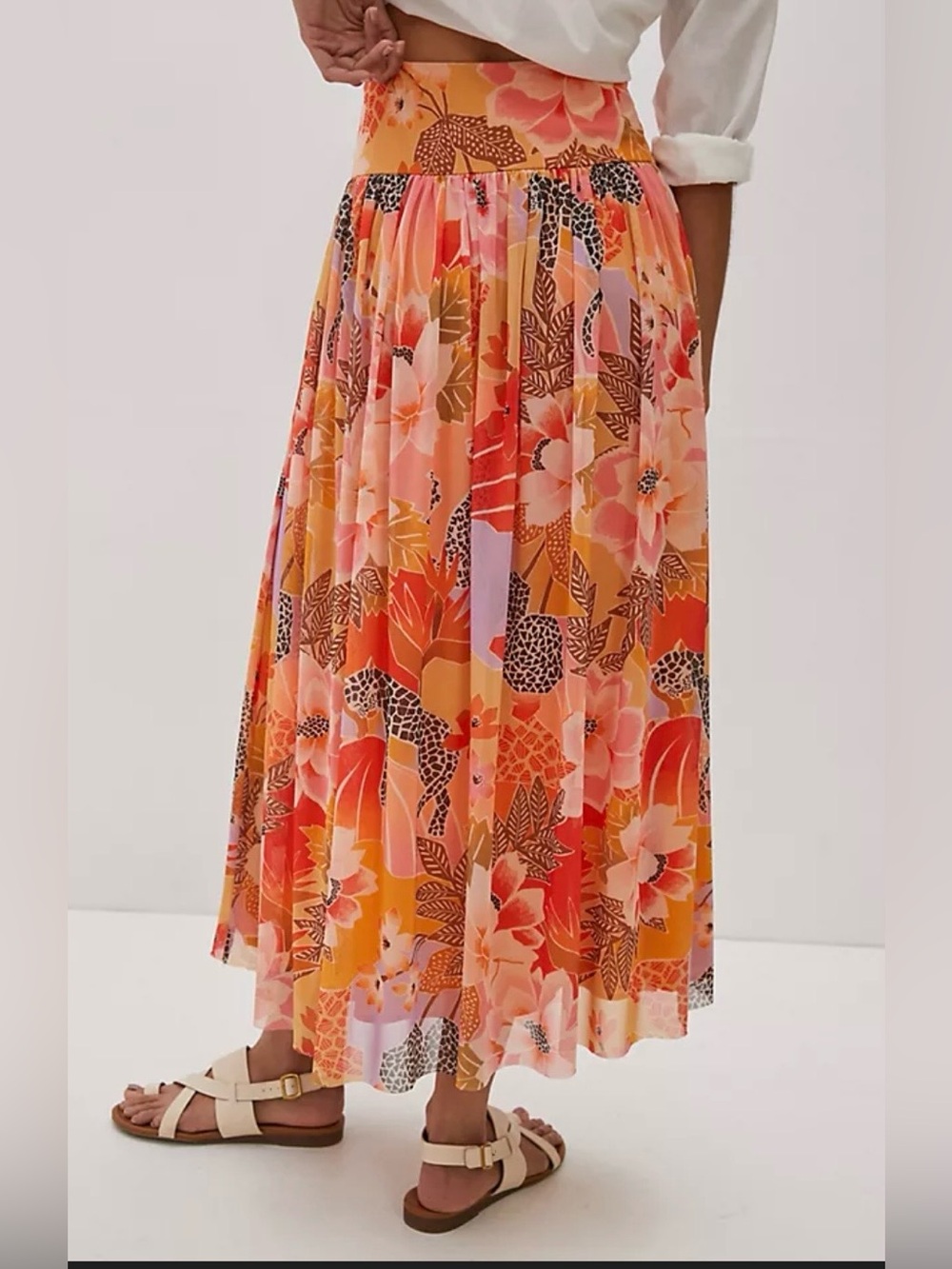 Farm Rio Tropical Leopard  Orange-Pink Maxi Skirt
